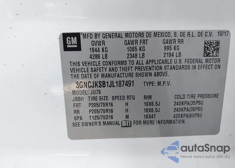 2018 Chevrolet Trax Ls z USA, uszkodzony, nr VIN 3GNCJKSB1JL187491
